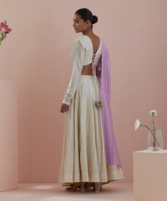Off-white And Pink Lehanga Set- Textured Cotton Skirt and Blouse in Off White and Pink Chanderi Dupatta 4