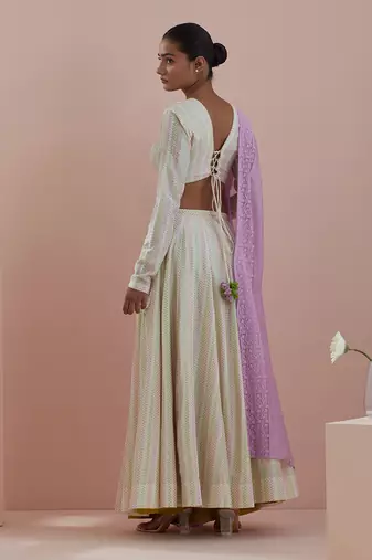 Off-white And Pink Lehanga Set- Textured Cotton Skirt and Blouse in Off White and Pink Chanderi Dupatta