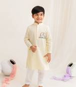 Keebee organic cotton hand embroidered yellow kurta paired with pajama pants - elephant