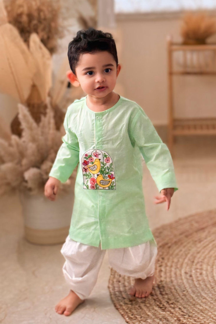 Keebee organic cotton embroidered green kurta paired with patiyala pants - birds in bloom