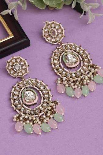Pink & pista green color kundan earrings