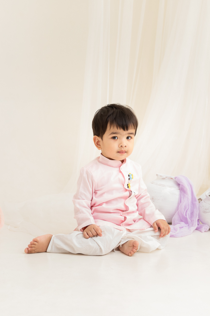 Keebee organic cotton train hand embroidered pastel pink kurta paired with patiyala pants