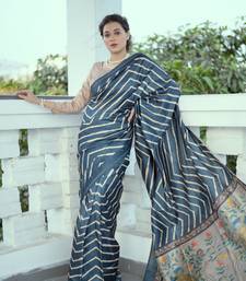 Blue Tussar Silik Leriya Printed Pallu & Borderless Saree With Blouse For Women 