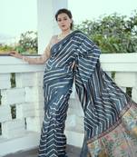 Blue Tussar Silik Leriya Printed Pallu & Borderless Saree With Blouse For Women 
