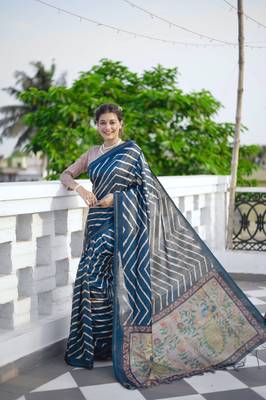 Blue Tussar Silik Leriya Printed Pallu & Borderless Saree With Blouse For Women  3