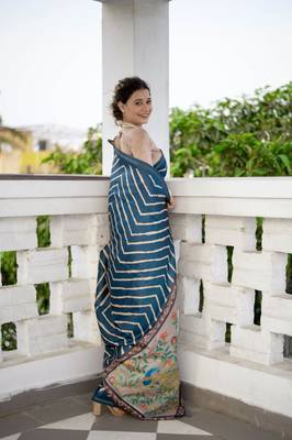Blue Tussar Silik Leriya Printed Pallu & Borderless Saree With Blouse For Women  4