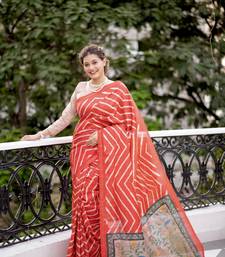 Red Tussar Silik Leriya Printed Pallu & Borderless Saree With Blouse For Women 
