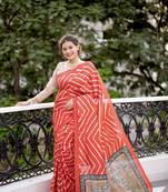 Red Tussar Silik Leriya Printed Pallu & Borderless Saree With Blouse For Women 