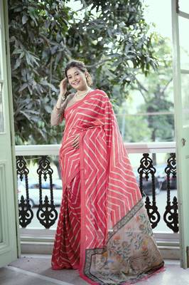 Rani Pink Tussar Silik Leriya Printed Pallu & Borderless Saree With Blouse For Women  1