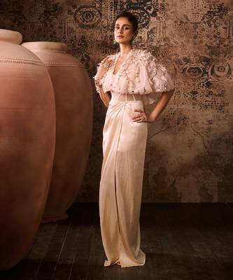 Peach corset gown with embroidered cape 1