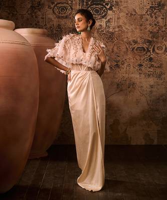 Peach corset gown with embroidered cape 2