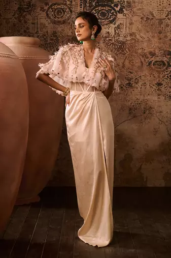 Peach corset gown with embroidered cape