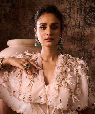 Peach corset gown with embroidered cape 3