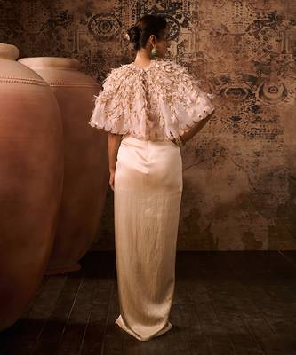 Peach corset gown with embroidered cape 4