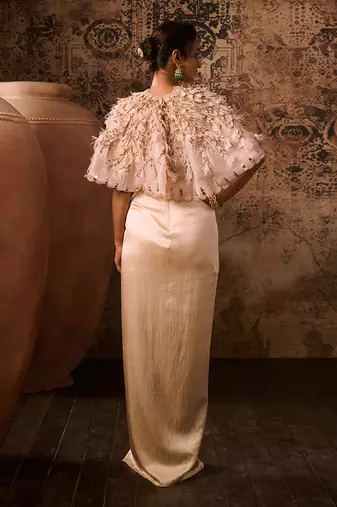 Peach corset gown with embroidered cape