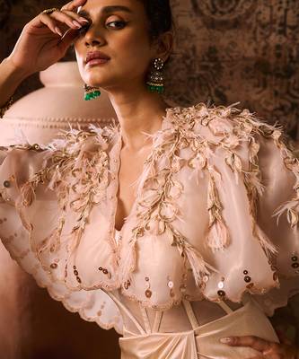 Peach corset gown with embroidered cape 5
