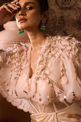 Peach corset gown with embroidered cape