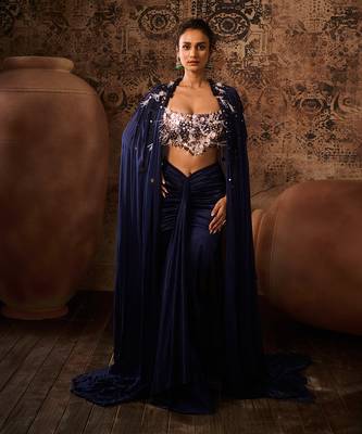 Navy blue embroidered corset with embroidered cape with drape skirt 1