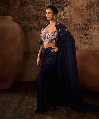 Navy blue embroidered corset with embroidered cape with drape skirt 2
