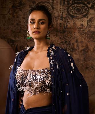 Navy blue embroidered corset with embroidered cape with drape skirt 3