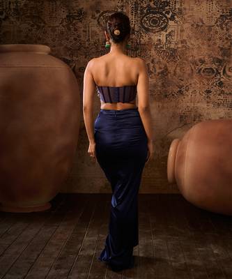 Navy blue embroidered corset with embroidered cape with drape skirt 4