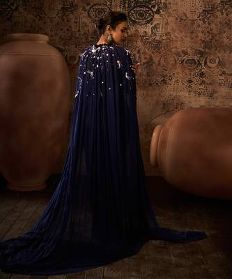 Navy blue embroidered corset with embroidered cape with drape skirt 5