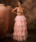 Rose gold embroidered top with pink layered skirt