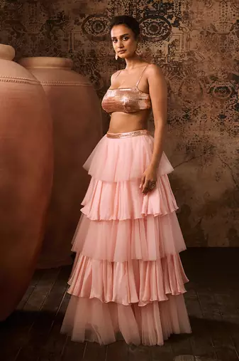 Rose gold embroidered top with pink layered skirt