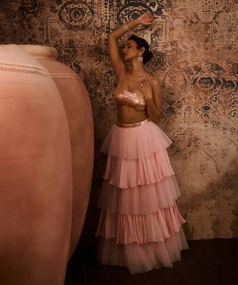 Rose gold embroidered top with pink layered skirt 3