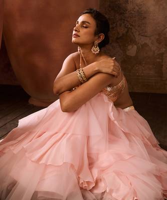 Rose gold embroidered top with pink layered skirt 4