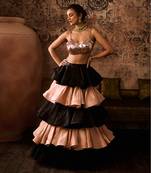 Rose gold embroidered blouse with black and rose gold layerd skirt  with dupatta