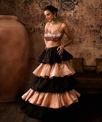 Rose gold embroidered blouse with black and rose gold layerd skirt  with dupatta 2