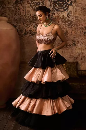 Rose gold embroidered blouse with black and rose gold layerd skirt  with dupatta