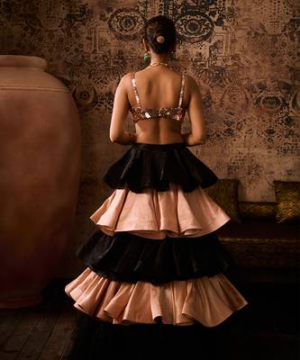 Rose gold embroidered blouse with black and rose gold layerd skirt  with dupatta 3