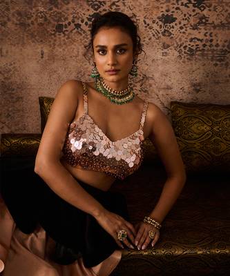 Rose gold embroidered blouse with black and rose gold layerd skirt  with dupatta 4
