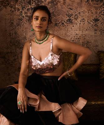 Rose gold embroidered blouse with black and rose gold layerd skirt  with dupatta 5