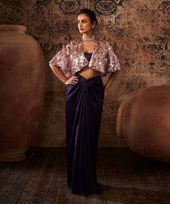 Lilac embroidered cape with purple skirt and bustier 1