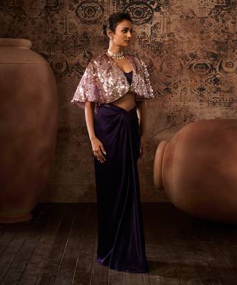 Lilac embroidered cape with purple skirt and bustier 2