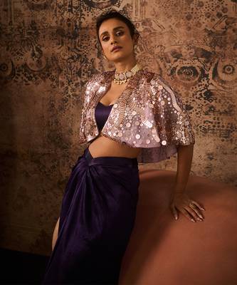 Lilac embroidered cape with purple skirt and bustier 3