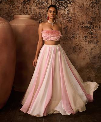 Pink embroidered top with multiple coloured skirt 1