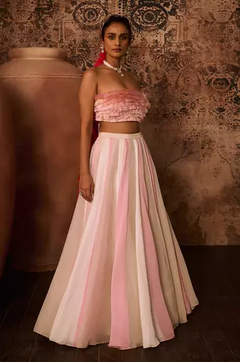Pink embroidered top with multiple coloured skirt