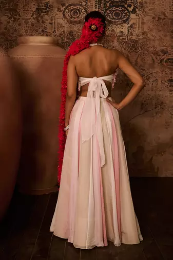 Pink embroidered top with multiple coloured skirt