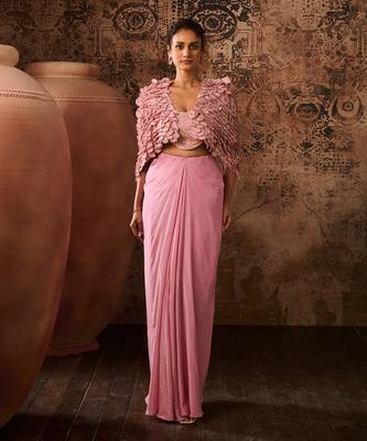 Onion pink embroidered jacket with embroidered bustier with drape skirt 1