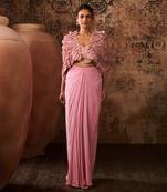 Onion pink embroidered jacket with embroidered bustier with drape skirt
