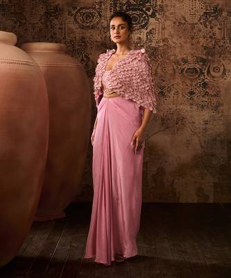 Onion pink embroidered jacket with embroidered bustier with drape skirt 2