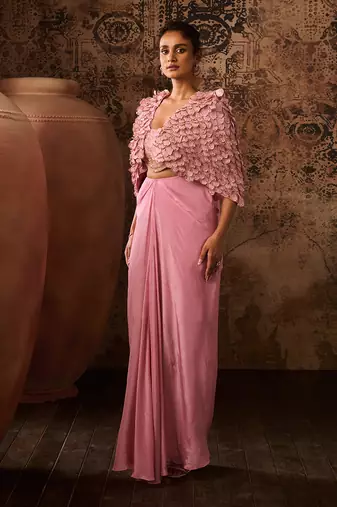 Onion pink embroidered jacket with embroidered bustier with drape skirt