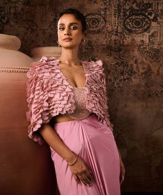 Onion pink embroidered jacket with embroidered bustier with drape skirt 3