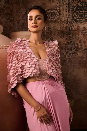 Onion pink embroidered jacket with embroidered bustier with drape skirt