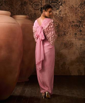 Onion pink embroidered jacket with embroidered bustier with drape skirt 4