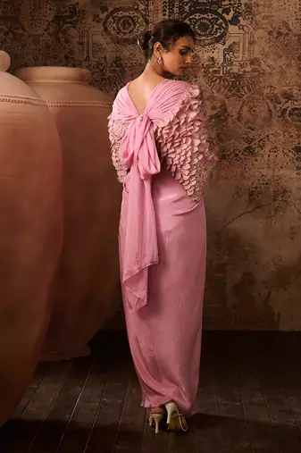 Onion pink embroidered jacket with embroidered bustier with drape skirt